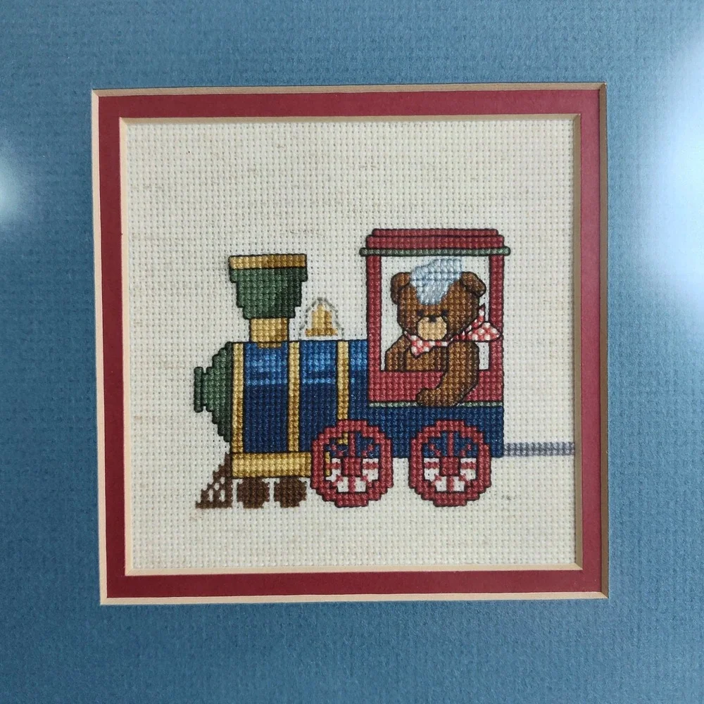Vintage Framed Cross Stitch Nursery Art Geese Duck Teddy Bear Train Dale Burdett